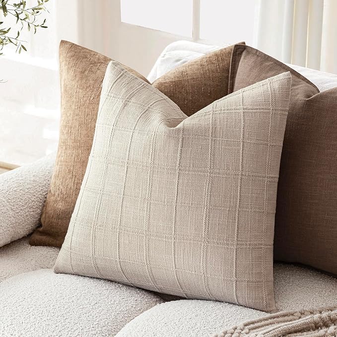 Foindtower Set of 2 Decorative Linen Check Throw Pillow Covers Neutral Farmhouse Vintage Cushion Covers Modern Boho Home Decor for Sofa Chair Couch Bedroom Living Room,22×22 Inch,Natural Linen