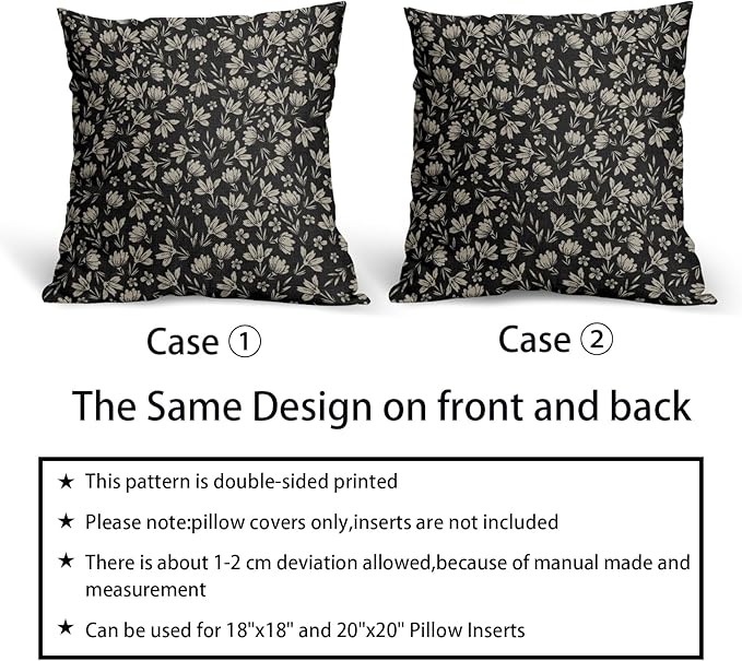 Vintage Flower Pillow Covers 20x20 Set of 2 Black Brown Floral Block Print Rustic Decorative Throw Pillows Outdoor Pillowcase Farmhouse Linen Cushion Case Decor for Home Sofa Couch Bed