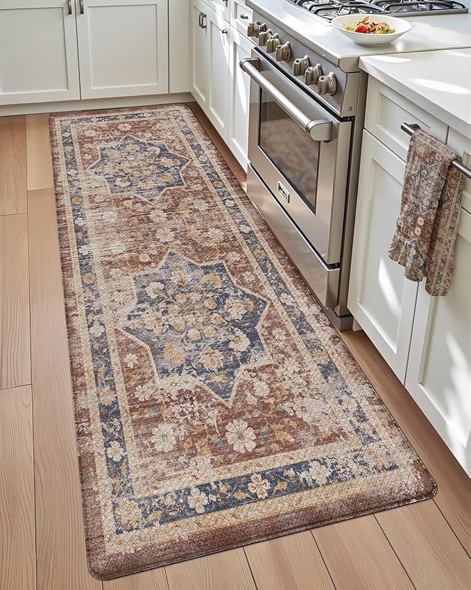 DEXI Kitchen Floor Mats Anti Fatigue, 23x59 Large Cushioned Vintage Runner Rug Waterproof, Standing Comfort Memory Foam Padded for Front Sink Laundry Office, Reddish Brown