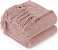 Chenille Throw Blanket for Couch with Tassels,60"X80" Soft Cozy Lightweight Knitted Boho Decorative Blankets for Bed and Sofa,Pink