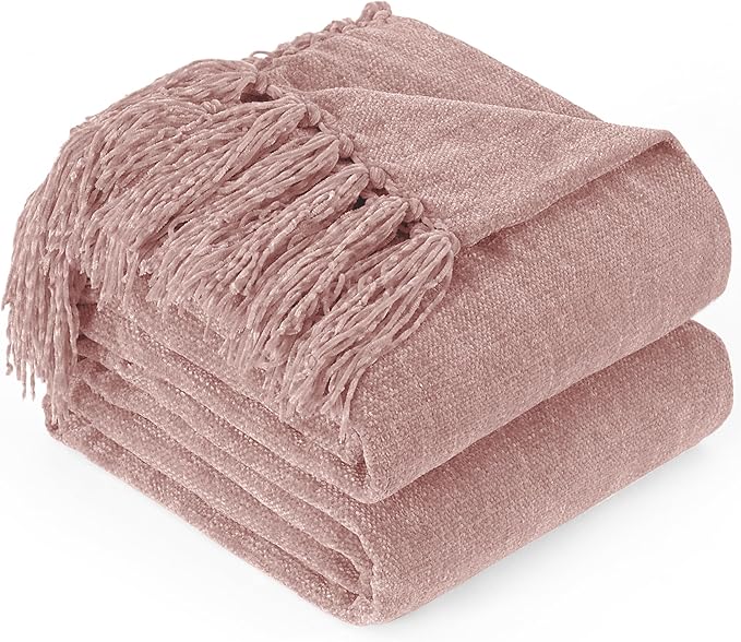 Chenille Throw Blanket for Couch with Tassels,60"X80" Soft Cozy Lightweight Knitted Boho Decorative Blankets for Bed and Sofa,Pink