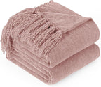 Chenille Throw Blanket for Couch with Tassels,50"X60" Soft Cozy Lightweight Knitted Boho Decorative Blankets for Bed and Sofa,Pink