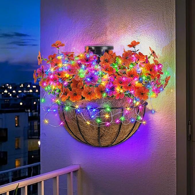 GOESWELL Outdoor Fall Basket with Artificial Flowers: 10 Inch Solar Hanging Faux Silk Flower Basket with String Lights for Porch Patio Wall Tree Decor - Autumn Home Garden Decor for Outdoor