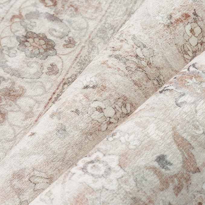 5x7 Area Rug Beige Washable Vintage Living Room Carpet Bedroom Indoor Non Slip Soft Low Pile Thin Stain Resistant Distressed Accent Throw Rug for Dining Office Nursery