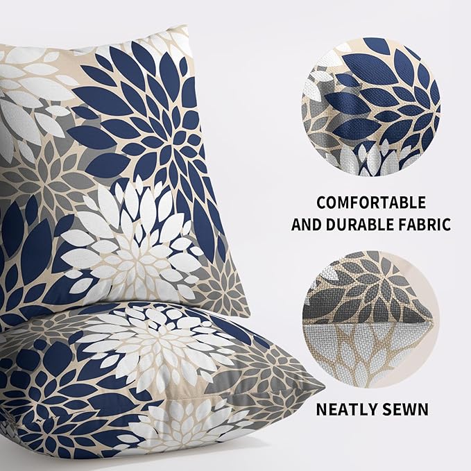 Navy White Grey Gray Pillow Covers 20X20 Inch Set of 2, Summer Modern Geometry Dahlia Floral Print Decorative Throw Pillow Covers Outdoor Farmhouse Cushion Case for Couch Sofa Bed Decor