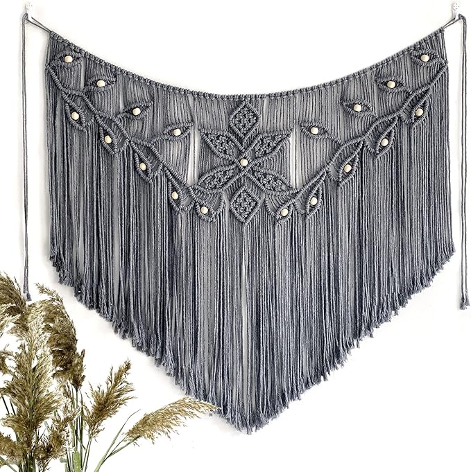 Youngeast Macrame Wall Hanging Large Macrame Curtains Leaf Shape Beads Wall Decor Boho Tassel Wall Art Woven Tapestry Headboard Backdrop Gray