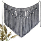 Youngeast Macrame Wall Hanging Large Macrame Curtains Leaf Shape Beads Wall Decor Boho Tassel Wall Art Woven Tapestry Headboard Backdrop Gray