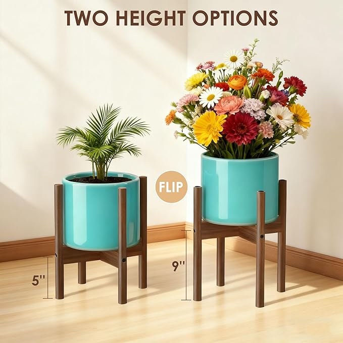 ALIGADO Bamboo Plant Stand Indoor, for Up to 12 Inch Pots, Built to Fit Corners, Sturdy & Stable Design, Walnut Finish