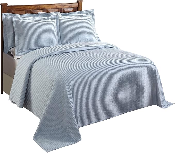 Better Trends Chenille Bedspreads Twin Size, Blue 100% Cotton Chenille Stripe Design Tufted Bedding Coverlet Soft Lightweight, 81"x110" 1 Pieces Jullian Collection