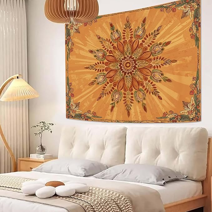 Accnicc Boho Floral Mandala Tapestry for Bedroom Bohemian Flower Wall Tapestry Aesthetic Small Vintage Orange Hippie Indian Tapestries Wall Hanging for Living Room Dorm Decor 48 x 36 Inch