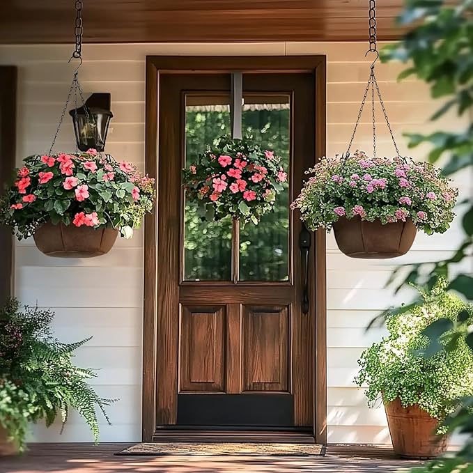 T4U Hanging Planters for Outdoor Plants, 3 Pack 10 Inch Hanging Baskets for Plants Outdoor with Rustproof Chain, Fabric Hanging Pots for Plants, Hanging Planter for Balcony Porch Deco, Brown