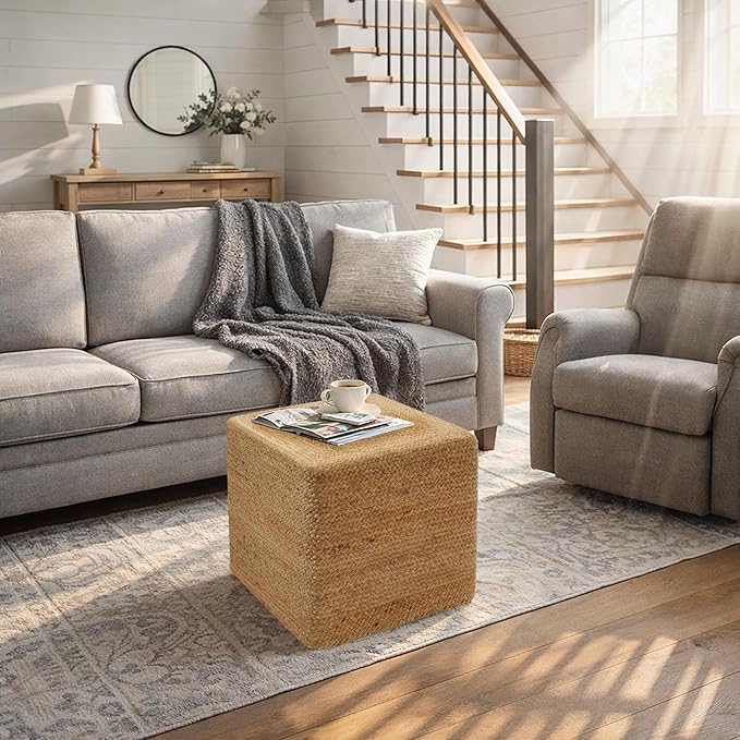 Casafield Hand-Braided Jute Pouf Ottoman Footrest, 18" W x 18" D x 18" H - Square, Natural Woven Boho Floor Cushion, Home Decor for Living Room