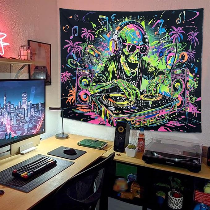 TUGCAY Blacklight Skull Tapestry Funny Skeleton Hip Hop Music Tapestry UV Reactive Gothic Hippie Tapestries Wall Hanging for Bedroom Dorm Game Room Decor(51.2 x 59.1 Inches)