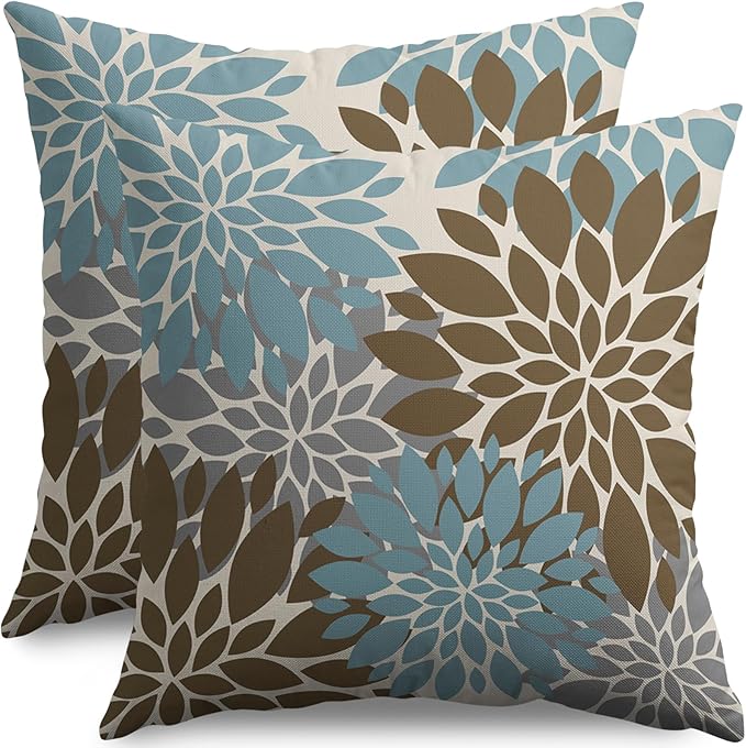 Brown Blue Grey Gray Pillow Covers 24X24 Inch Set of 2, Modern Dahlia Floral Print Decorative Throw Pillow Covers Outdoor Farmhouse Cushion Case for Home Couch Sofa Bed Decoration