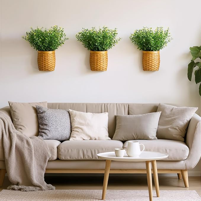 3 Pack Wall Hanging Wicker Basket with Artificial Eucalyptus Farmhouse Woven Storage Organizer Wood Flower Plants Basket Rustic Wall Decor for Porch Living Room Bedroom Entryway