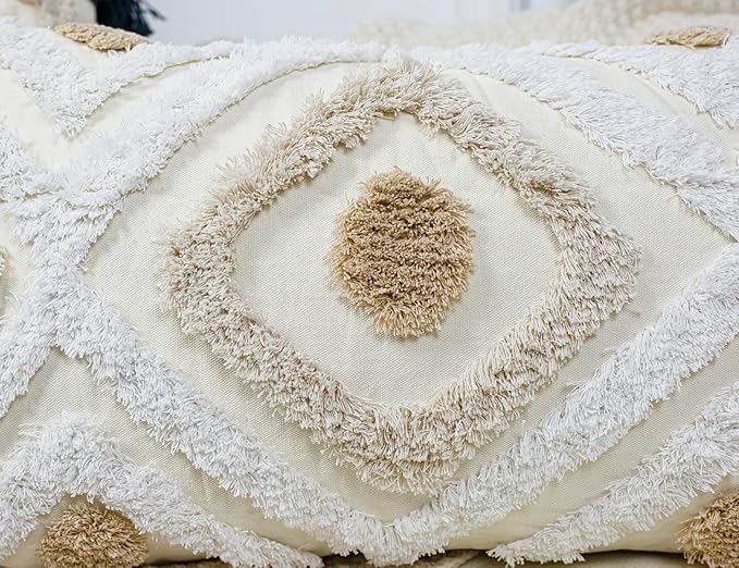 Modern Long Lumbar Throw Pillow Cover 14 x 26,Cotton and Linen Tufted Decorative Boho Long Lumbar Pillow Case for Couch Sofa Bed Farmhouse Chair Outdoor,Khaki&Beige&White