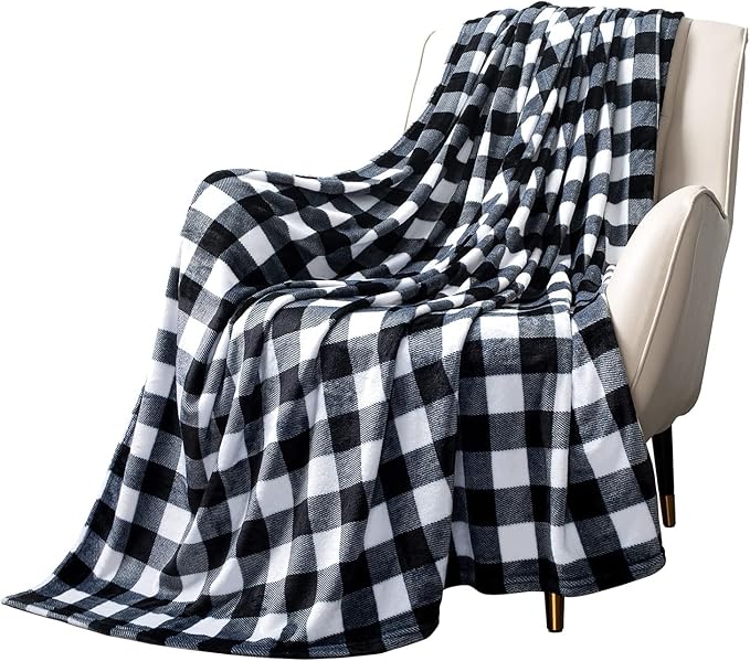 MACEVIA Flannel Fleece Throw Blanket for Couch, Buffalo Plaid Blanket Black and White, Lightweight Cozy Soft Blanket for Bed Sofa 260GSM, Suitable for All Seasons (White Black Checkered,60x50inches)