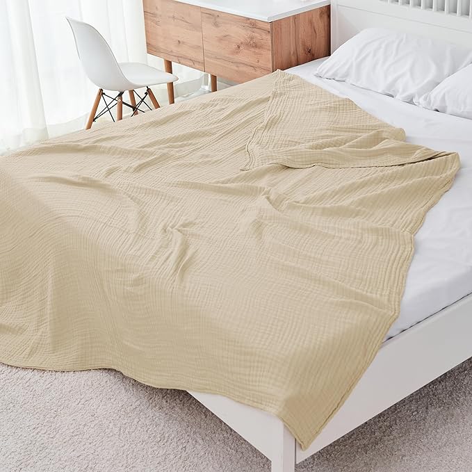 Cosy Family 6 Layer Muslin Bed Blanket - Breathable and Lightweight Gauze Boho Blanket for Spring, Soft 100% Cotton Muslin, Light Tan, 55x80 Inches