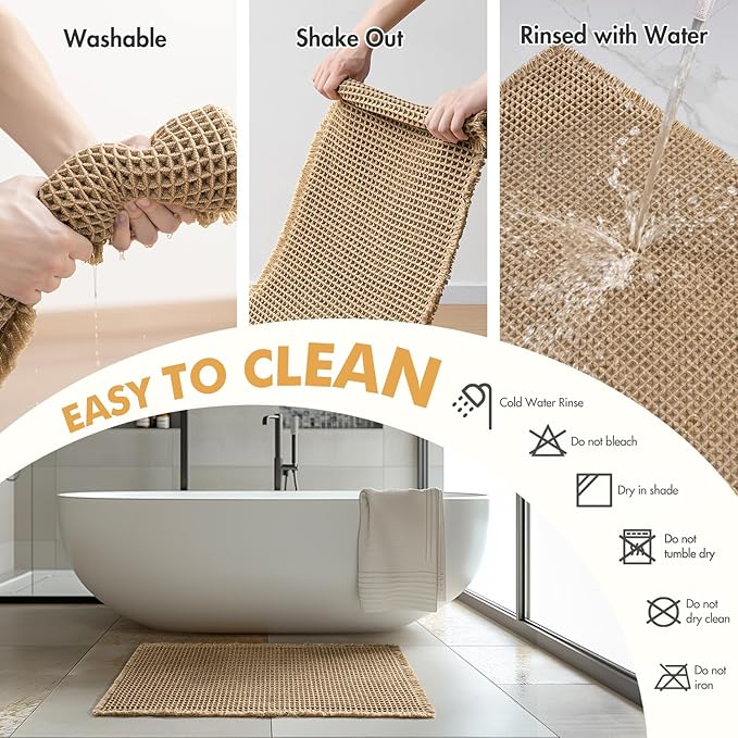 MIULEE Set of 2 Waffle Bathroom Rugs, Boho Bath Rugs Non Slip Washable, Super Absorbent Bath Mats, Ultra Soft Rubber Backed Shower Mats for Bathroom Floor, Tub, Brown, 17"x24"+20"x47"