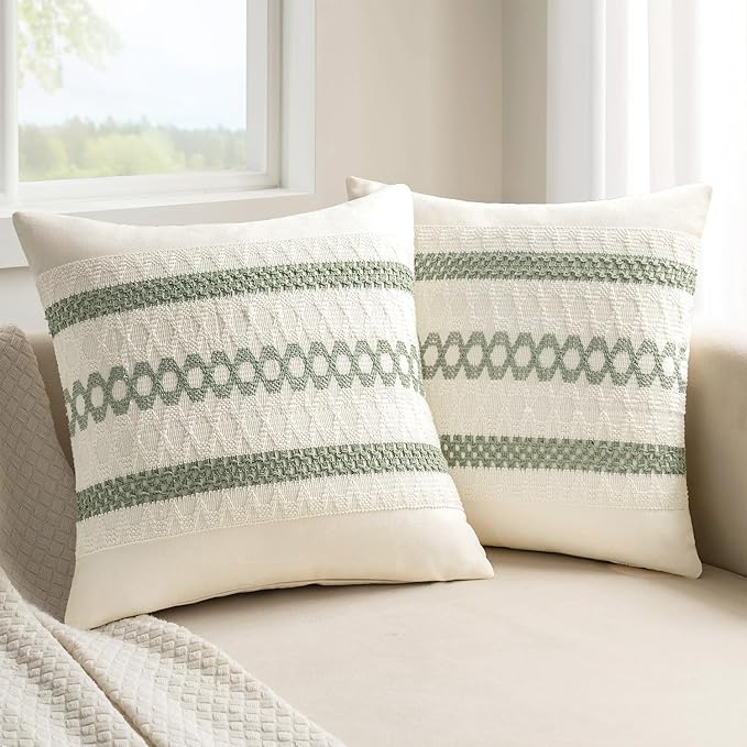 MIULEE Set of 2 Sage Green Boho Decorative Pillow Covers 22x22 Inch Farmhouse Rustic Couch Throw Pillows Modern Summer Cotton Cushion Covers Retro Cute Macrame Woven Spring Decor for Bed Sofa Chair