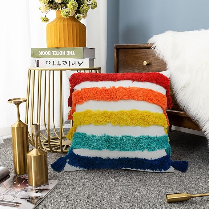 LIGICKY Rainbow Pillow Covers Cute Colorful Pillows Boho Tufted Throw Pillows with Tassel Home Decorative Cushion Case for Girls Room Decor Kids Playroom Bed Sofa Couch 18x18 Inch