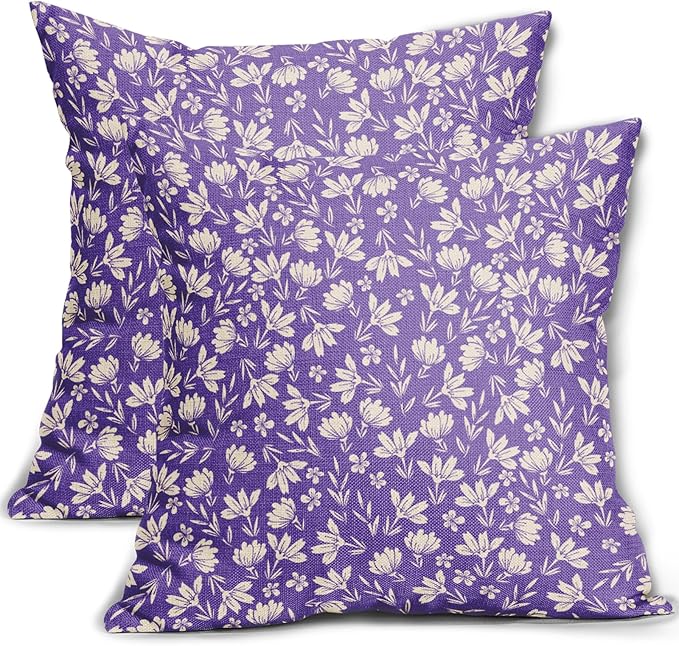 Purple Pillow Covers 20x20 Set of 2 Vintage Floral Rustic Old Style Cute Flower Print Decorative Outdoor Pillowcases Seasonal Farmhouse Throw Cushion Case Decor for Couch Sofa Bed