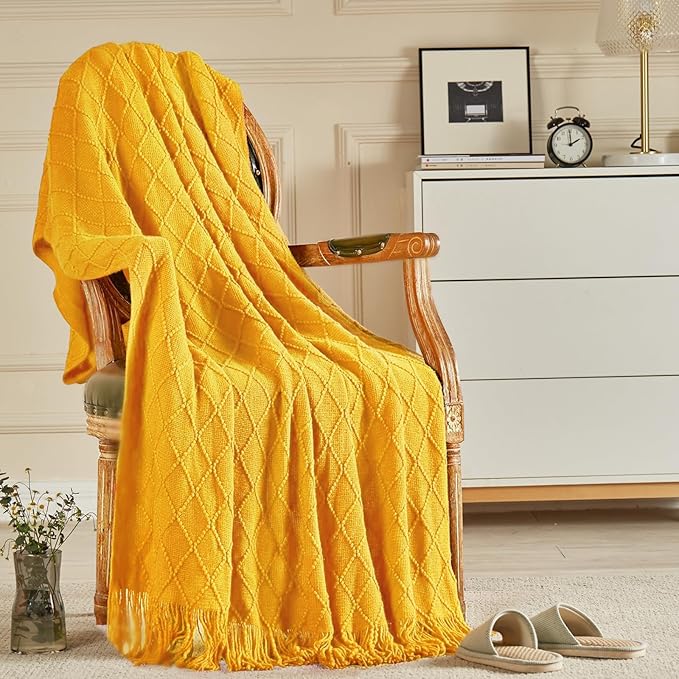 inhand Knitted Fall Throw Blanket for Couch and Bed, Knit Fall Decor Halloween Blanket with Tassel, Mustard Yellow Lightweight Decorative Farmhouse Warm Woven Blankets and Throws for Women, 50"x60"