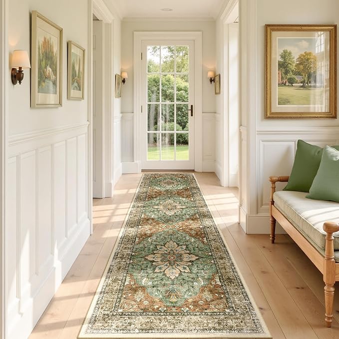 Area Rugs 2'x7' Runner Rug Non Slip Washable for Kitchen Hallway Bedroom Beside Laundry Room Bathroom Rug, Floor Carpet, Brick Red Rust Neutral Brown Burnt Orange Green