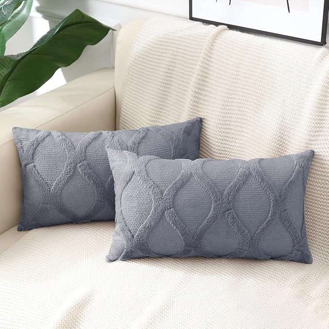 decorUhome Spring Throw Pillow Covers 12x20 Inch Set of 2, Soft Plush Faux Fur Wool Lumbar Blue Grey Accent Couch Pillow Covers for Modern Farmhouse Bed Sofa Living Room