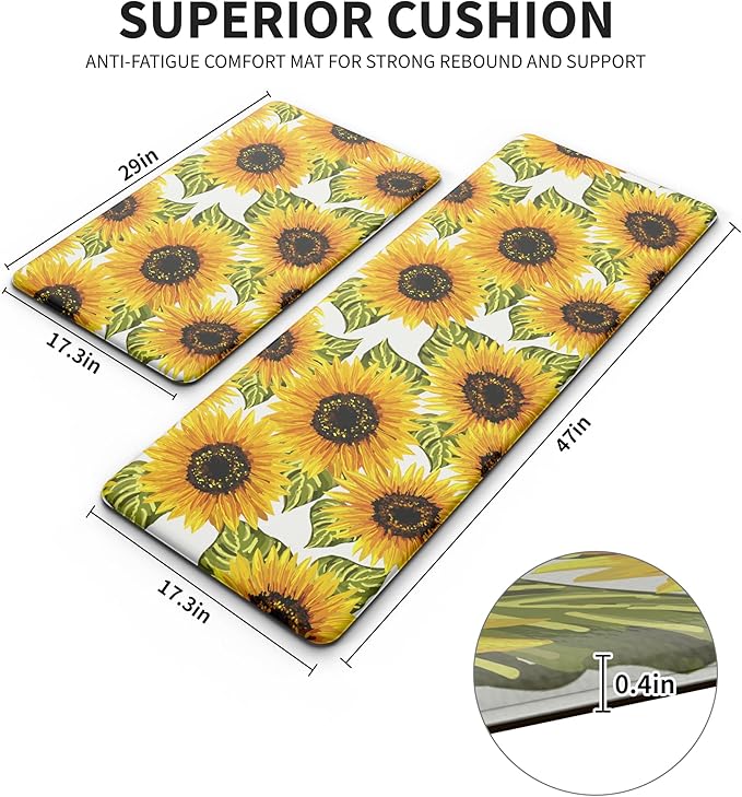 MAYHMYO Sunflower Kitchen Mat Set of 2 - Anti Fatigue Mats for Kitchen Floor - Non Slip Cushioned Rugs for Standing - Sunflower Decor (17.3"×29"+17.3"×47"-0.4")