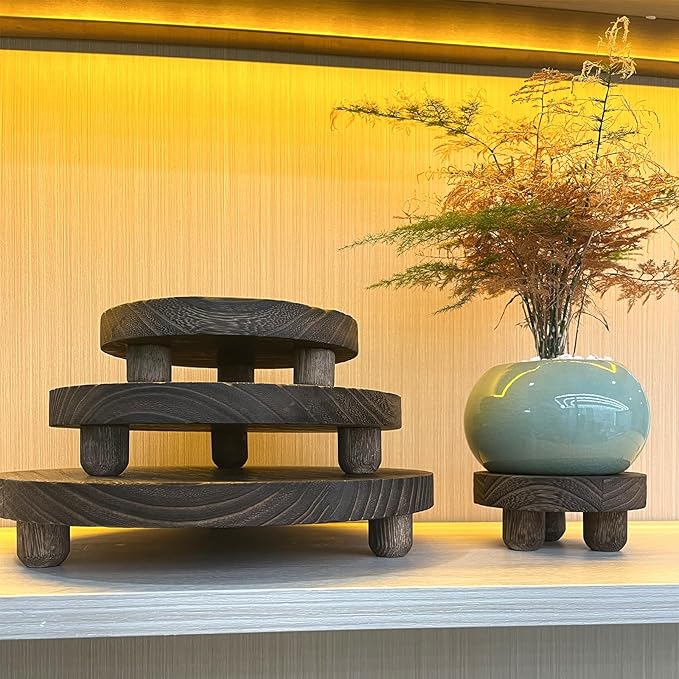 Wood Plant Stand Set of 4,mini Plant Stool 10 8 6 4 Inch, Wooden Display Risers Round Pedestal Counter Decor Holder Tiered Tray for Indoor Home Kitchen Patio Decoration (Dark Brown-4pack)