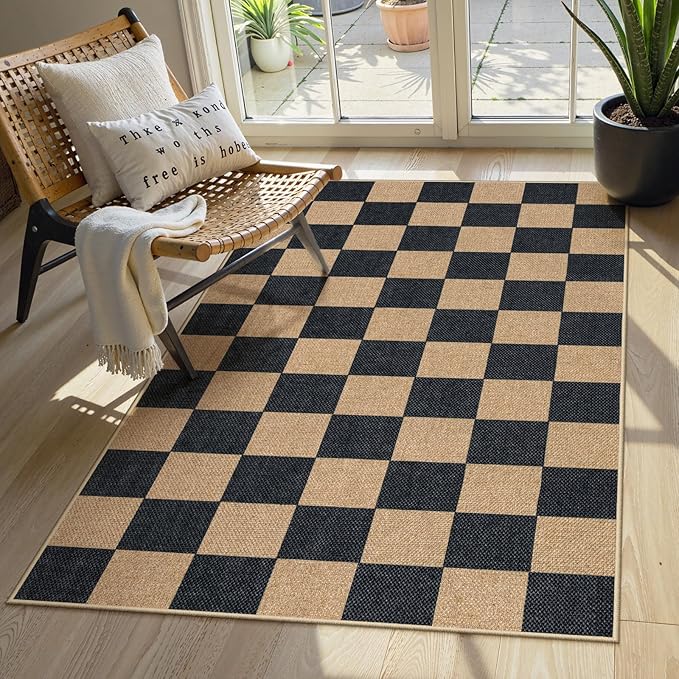 Lahome Colette Checkered Easy Jute Carpet, 3x5 Outdoor Patio Rug Washable Rugs for Entryway Checkerboard Indoor Outdoor Living Room Carpet, Farmhouse Neutral Non Slip Black Door Mat for Bedroom