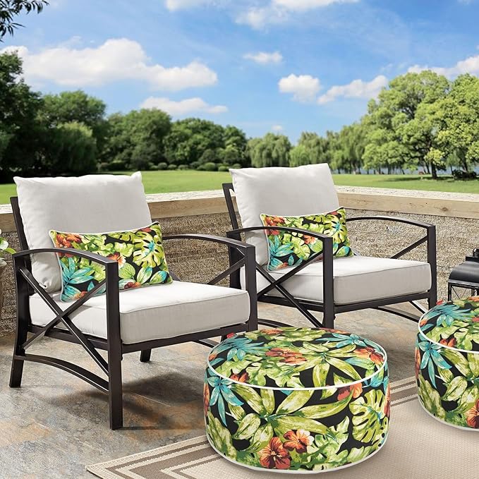 Outdoor/Indoor Inflatable Ottoman Pouf D20 xH9, All Weather Round Footstool with Foot Pump, Water Repellent Portable Footrest with Handle for Patio Garden Camping Travel-Tropical Green Leaves