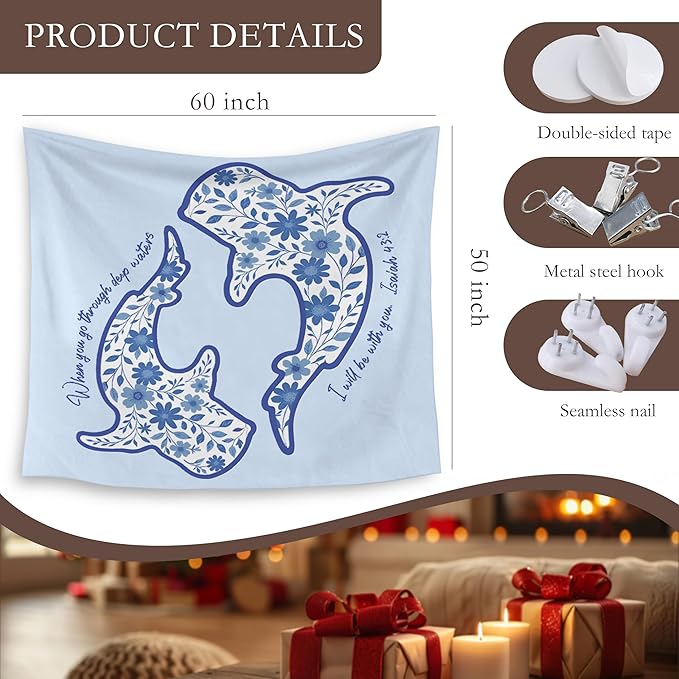 HUGANE Whale Shark Christian Tapestry, Isaiah 43:2 Bible Verse Tapestry Wall Hanging, Religious Bible Scripture Wall Blanket Backdrop Decor for Home Bedroom Living Room, 50x60 Inch,Color-B