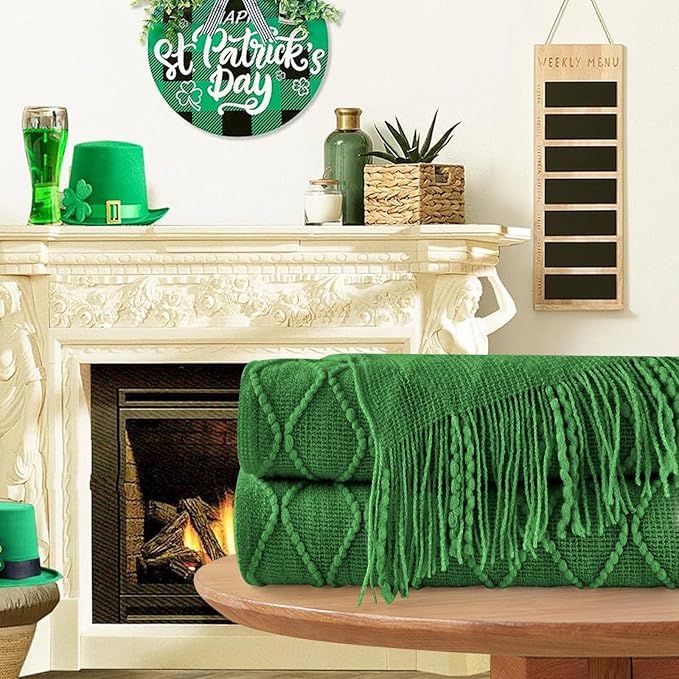 inhand Green Knitted Throw Blanket for Couch and Bed, St. Patrick’s Day Lucky Spring Gifts Throw for Her or Him, Soft Farmhouse Woven Blanket with Tassel, Lightweight Decorative, 60"x80"