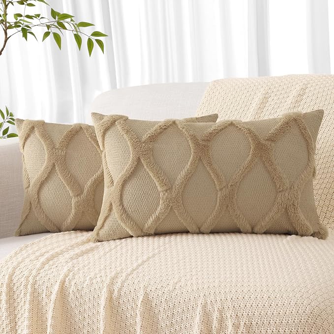 decorUhome Spring Throw Pillow Covers 12x20 Inch Set of 2, Soft Plush Faux Fur Wool Lumbar Khaki Accent Couch Pillow Covers for Modern Farmhouse Bed Sofa Living Room