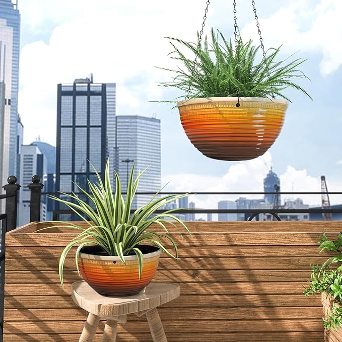 2 Pack Hanging Planters for Indoor Outdoor Plants, 10 Inch Hanging Planter with Drainage Hole & Plug Glazed Hanging Baskets Flower Pots for Garden Home, Orange