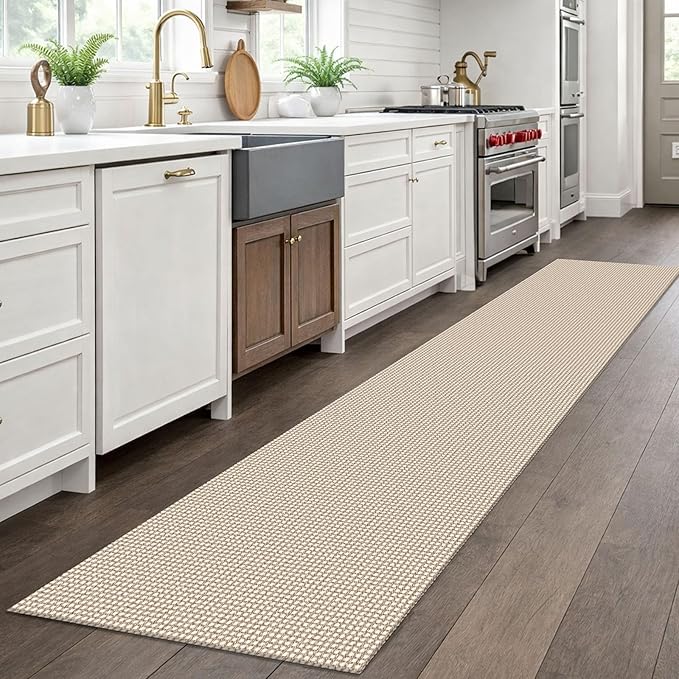 EARTHALL Woven Runner Rug 2x10 Ft Washable Runners for Hallways Long Cotton Non Slip Rubber Backed Kitchen Runner Braided Indoor Floor Carpet for Entryway, Hallway, Kitchen, Beige/Khaki