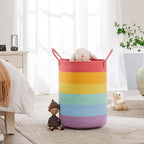 15”Dx20“H Rainbow Baby Girls Kids Hamper Laundry Basket for Nursery Toddler Clothes Blanket Toy Storage Woven Rope Unicorn Hamper in Playroom Bedroom 60L Large