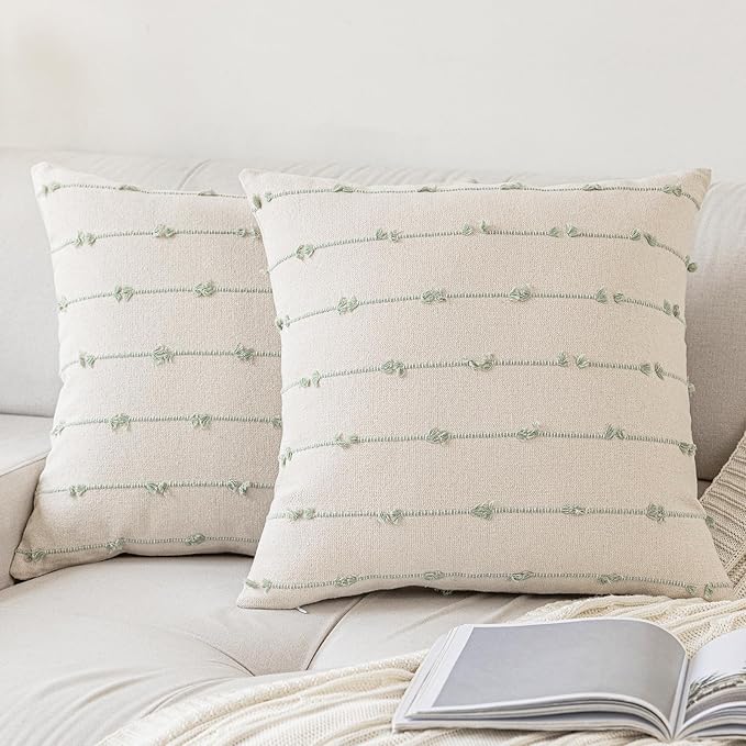 Boho Throw Pillow Covers 16x16 Set of 2 Modern Farmhouse Decorative Cushion Case Tufted Square Pillows Cover Neutral Pillow Cases Accent Pillowcase for Sofa,Couch,Bed,Beige and Green