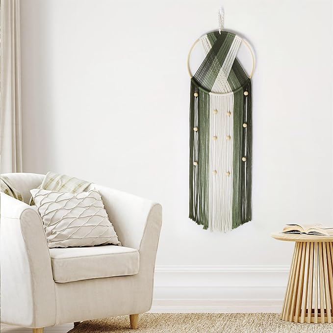 EOBTAIN Green Macrame Wall Hanging - Boho Large Dream Catchers - Round Handmade Macrame Wall Decor - Cotton Rope Tassel Woven Tapestry Art for Bedroom Living Room Apartment Home - 9.8" W x 31.5" L