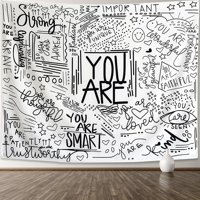 KJHL Black and White Inspirational Quote You Are Wall Tapestry Classroom Kids Tapestries Wall Hanging Motivational Positive Affirmations Saying Wall Decor Aesthetic Tapestry for Bedroom Dorm