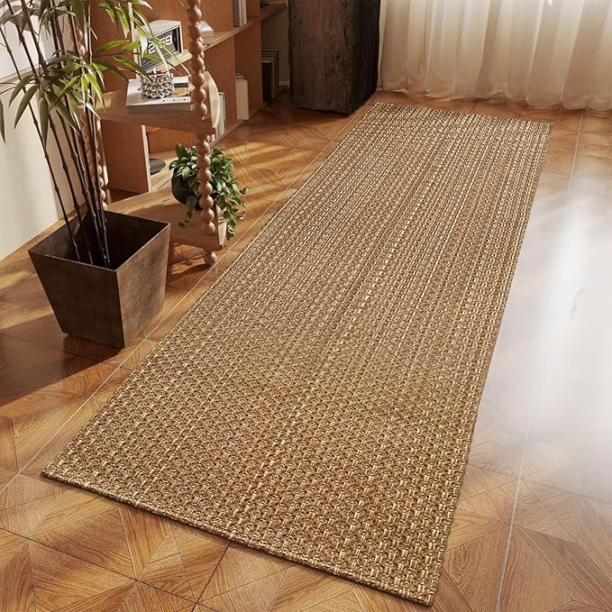 Bathroom Runner Rug,Boho 2x6 ft Hallway Runner,Braided Style Neutral Kitchen Runner Rugs,Faux Jute Rug with Rubber Backing,Machine Washable Solid Entryway Runner Non Slip,Tan Brown