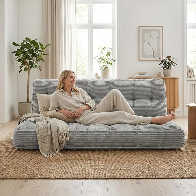 63 Inch Folding Bench Cushion, 4 Inch Thick 2-in-1 Convertible Long Floor Lounger Boneless Cushions Couch Mattress Upholstered for Yoga, Reading, Sleeping, Meditation Living Room(Light Grey)