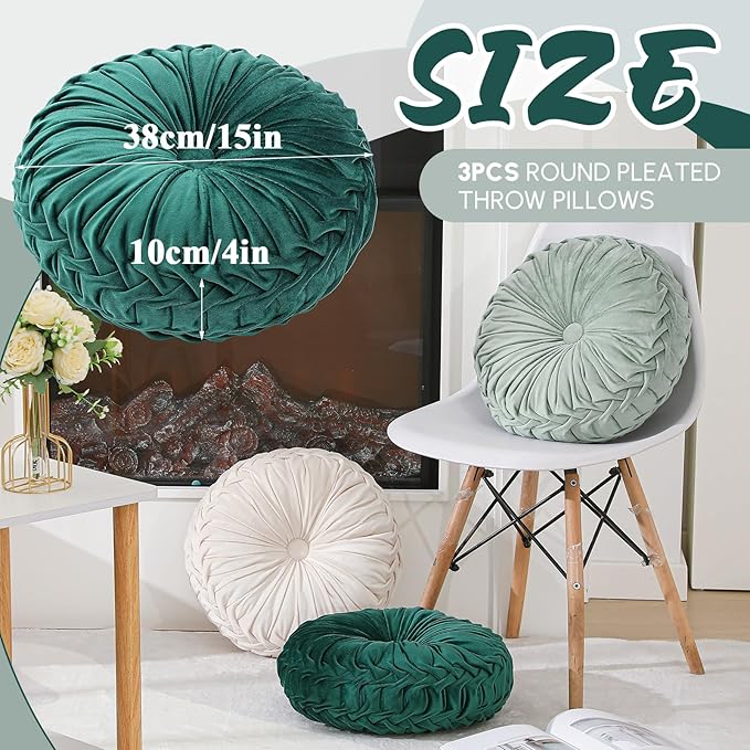 Round Throw Pillows Decorative Pleated Throw Pillows 15'' Diameter Accent Pumpkin Boho Chair Cushion for Couch Sofa Home Decoration(White, Light Green, Green,3 Pcs)