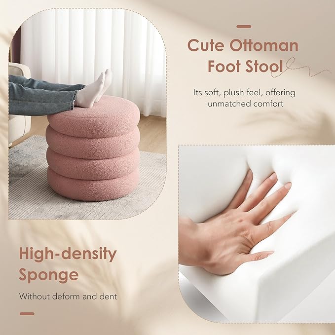 Flouki 20.1" Storage Ottoman Round, Vanity Stools for Bedroom, Sherpa Pouf Ottoman with Removable Lid, Modern Ottoman Stool for Girls Women, Foot Stool for Living Room, Pink