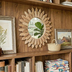20 Inch Brown Boho Wall Decor Sunburst Mirror - Round Wooden Wall Decor, Handmade Rustic Circular Mirror for Living Room, Bedroom, Entryway, Office