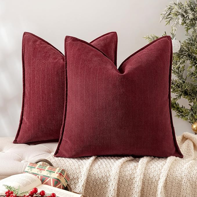 MIULEE Pack of 2 Burgundy Decorative Pillow Covers 16x16 Inch Soft Chenille Luxurious Couch Throw Pillows Farmhouse Cushion Covers with Elegant Design for Sofa Bedroom Living Room Decor