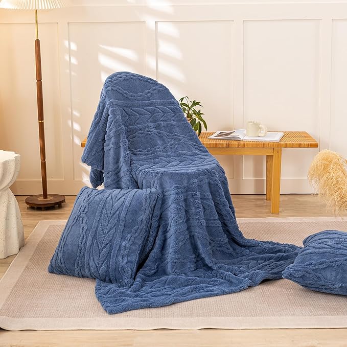 YUSOKI Sherpa Large Throw Blanket Single Layer,Light Weight(1.7lb),370GMS-3D Stylish Design for Gift Home Decor (Washed Blue,50"x65")