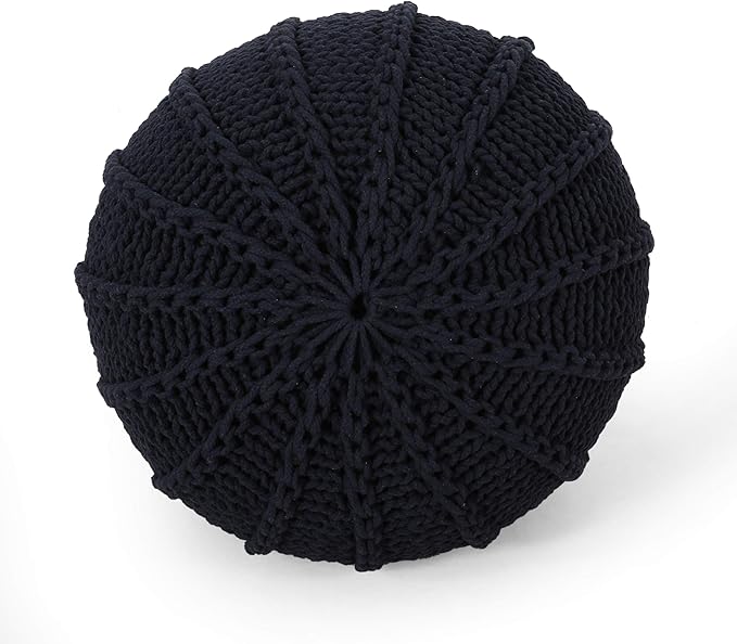 Christopher Knight Home Corisande Modern Knitted Cotton Round Pouf, Dark Blue